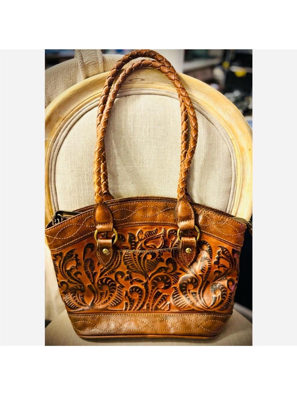 Hand-Tooled Leather Shoulder Tote in Brown